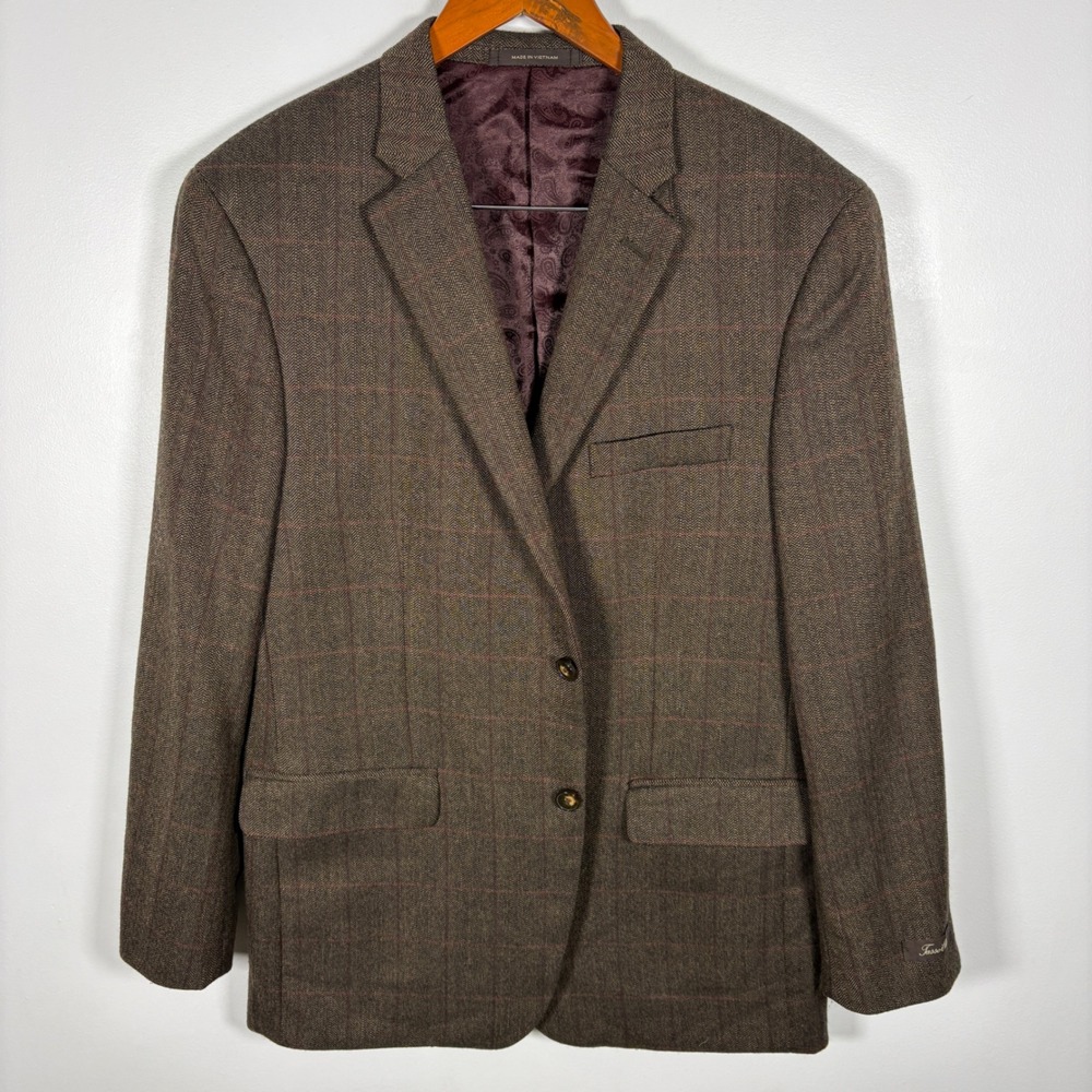 Tasso Elba Men's Brown Plaid Wool Blend Blazer Jacket Elbow Patches Size 42